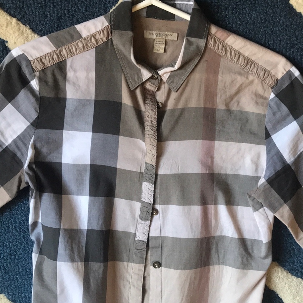 Burberry button down with feminine ruffle